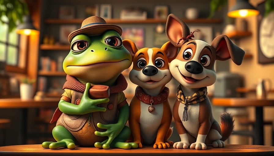 Whimsical anthropomorphic frog and dogs pose with curiosity, depicting Solana memecoin risks.