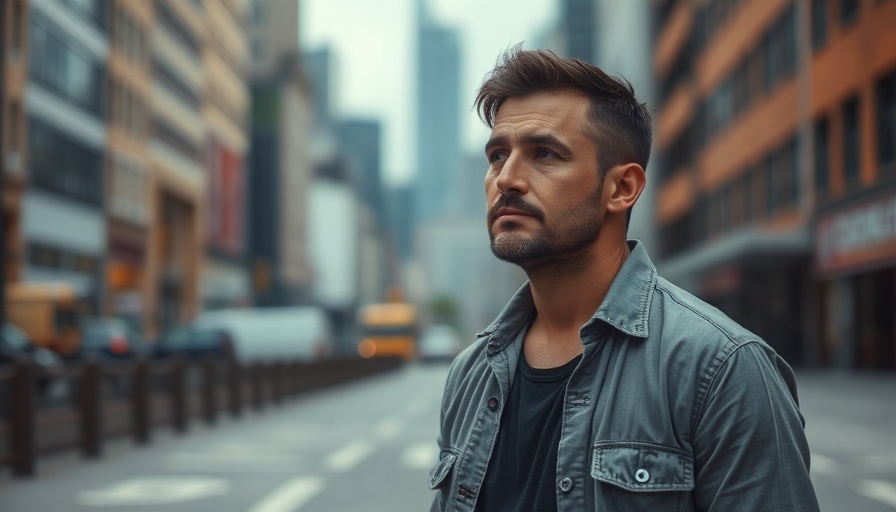 A contemplative man in casual attire with a thoughtful look in a city.