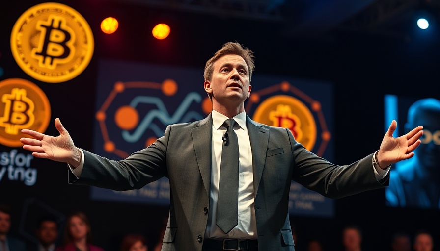 Man in suit speaking about Trump crypto empire expansion at Bitcoin conference.