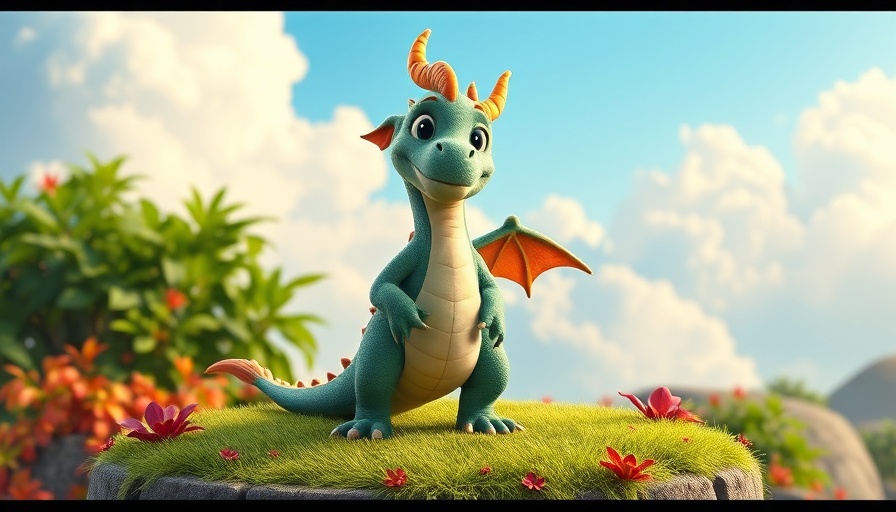 Cartoon dragon on grassy platform promoting Dragoin.