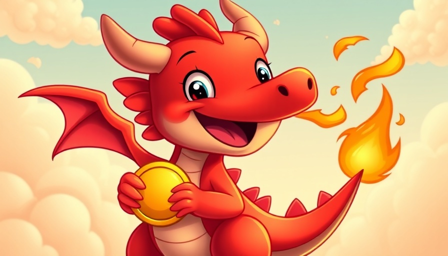 Adorable dragon with coin promoting meme coin presale for 2025.