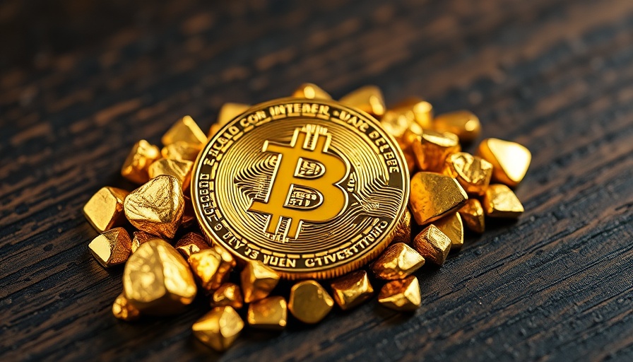 Bitcoin among gold nuggets symbolizing cryptocurrency value.