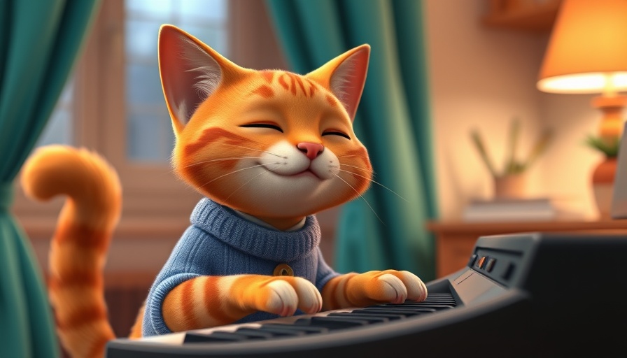 Cartoon cat playing keyboard in cozy room, highlighting Coinbase lists KEYCAT crypto.