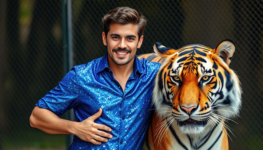 Joe Exotic meme coin theme with man and tiger in zoo setting.