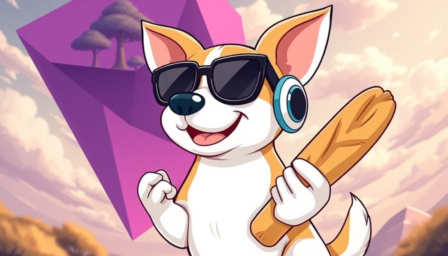 Cartoon dog with sunglasses and headphones holding baguette, related to Dawgz AI meme coin investment.