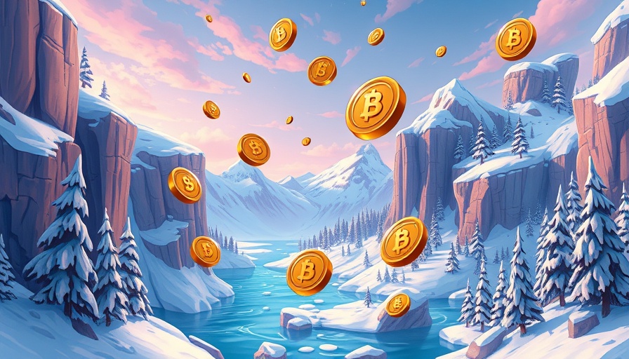 Cartoon landscape with meme coins floating among icy cliffs.