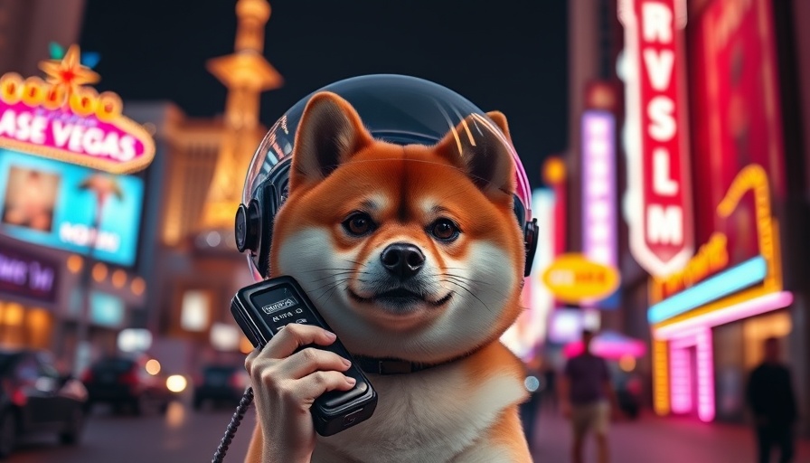 Dogwifhat Las Vegas Sphere Plans: Dog with sphere helmet, phone, Vegas skyline.