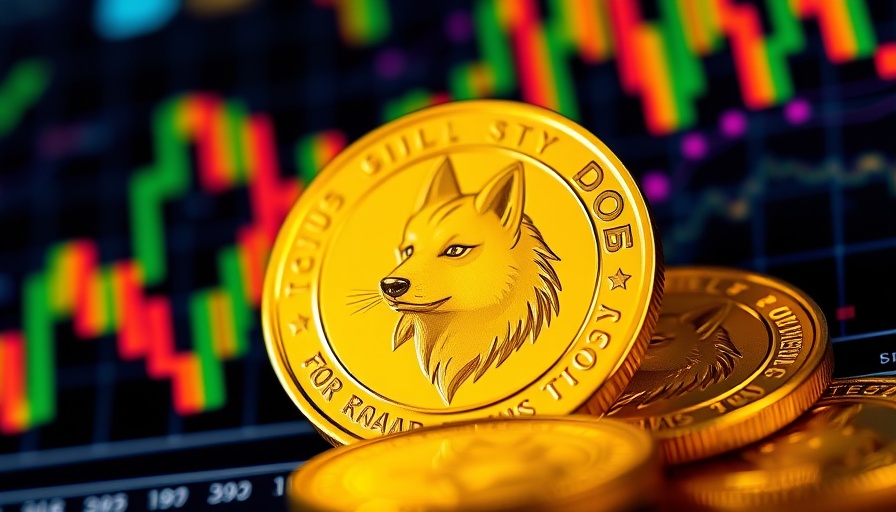 Dogecoin coins on a colorful crypto chart background.