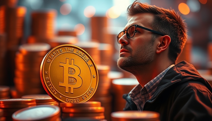 Visionary man contemplating Dogecoin price predictions, cryptocurrency scene.