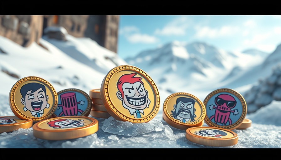 Top meme coins to buy for 2025, colorful cartoon coins in icy landscape.