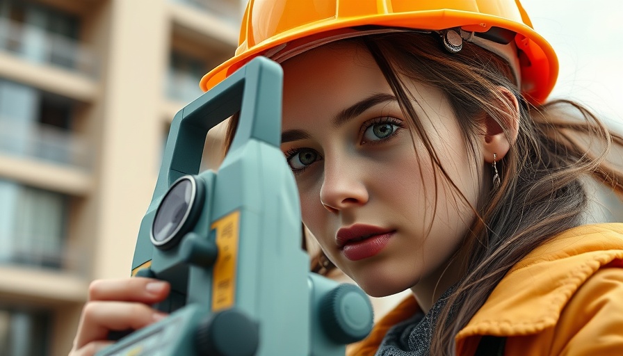Woman using surveying equipment on construction site, representing construction jobs for women.
