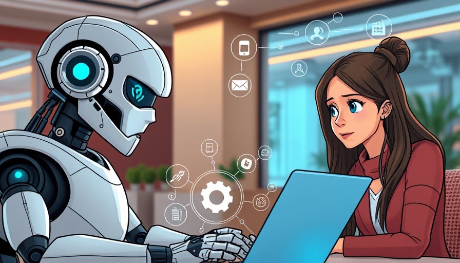 AI robot with people looking at laptop with AI content detection tools.
