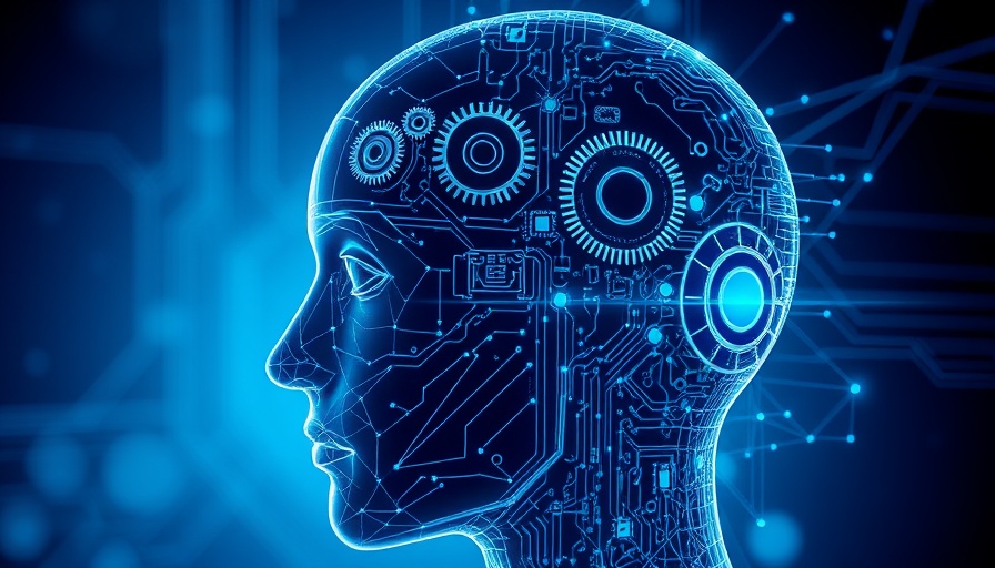 Futuristic AI concept with digital wireframe head and gears.