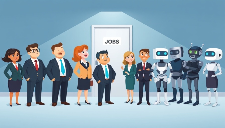 Animated businesspeople and robots in line for job jobs