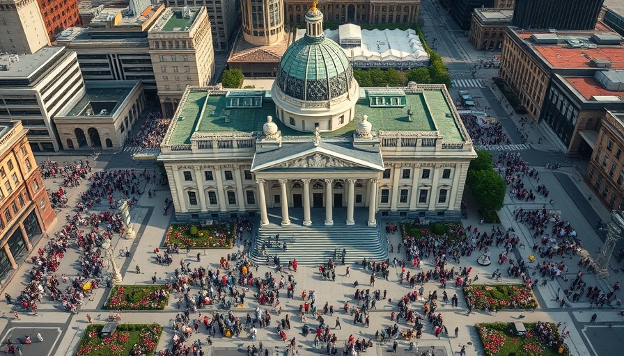 AI effect on jobs: Government building with crowd during event.