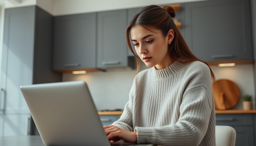 Focused young woman working on laptop in modern kitchen.