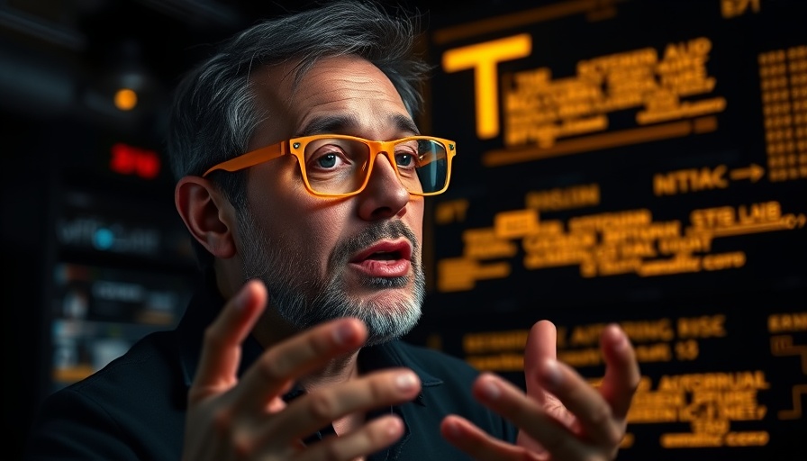 Man presenting in tech environment with glowing text.