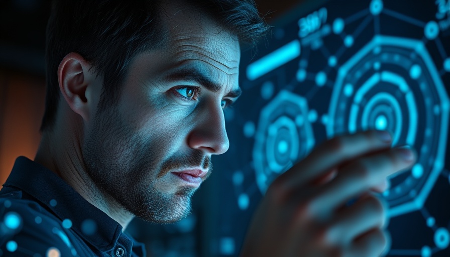 Contemplative person analyzing AI data amidst digital interfaces.