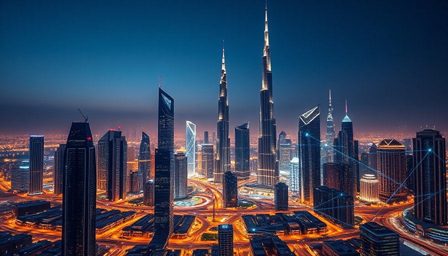 Futuristic Dubai skyline with digital network overlay, vibrant lights.