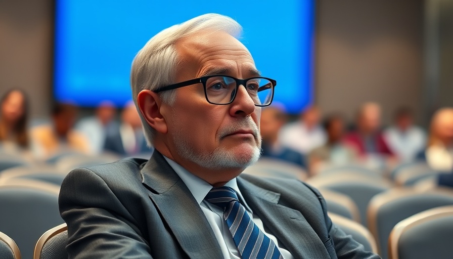 Elderly man at a conference pondering AI predictions, blue backdrop.