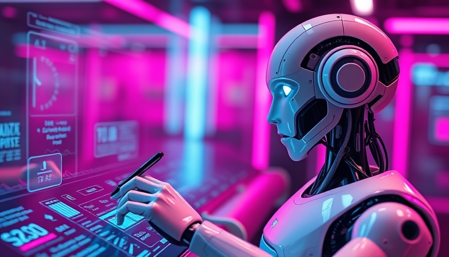 Futuristic AI robot enhancing writing with digital tools.