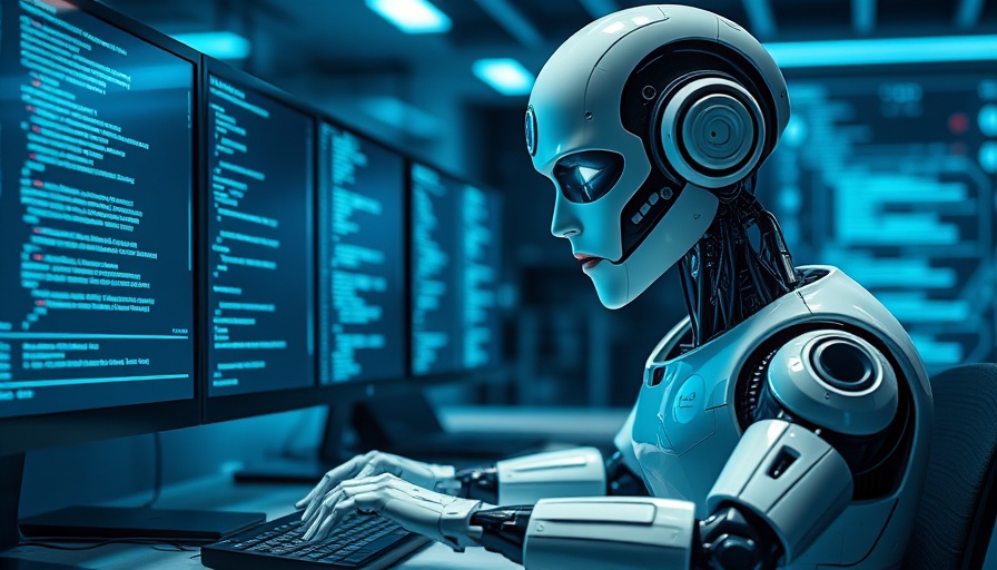 Robot working on a computer in a high-tech office setting, blue glow.