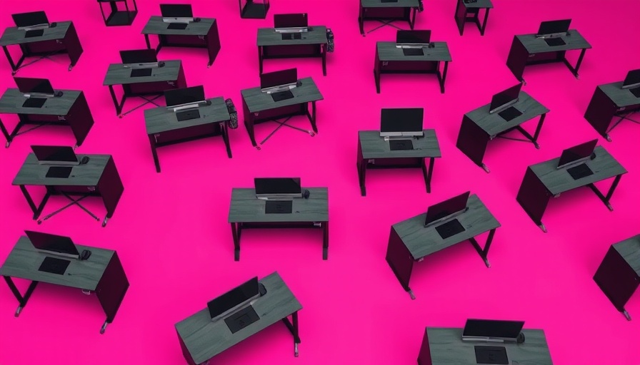 Scattered desks on pink background, AI apps for exam prep theme