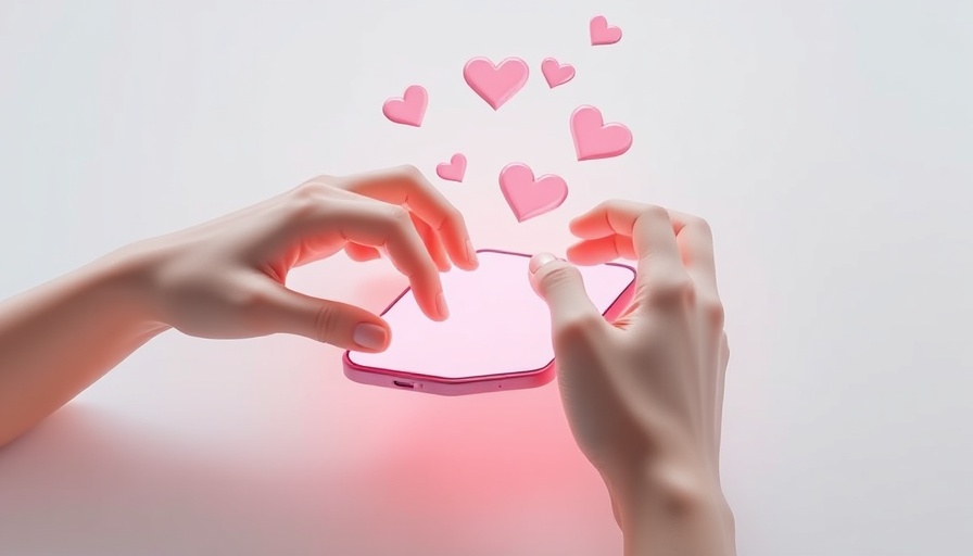 3D hands using smartphone with heart icons, AI Tools for Dating Profiles.