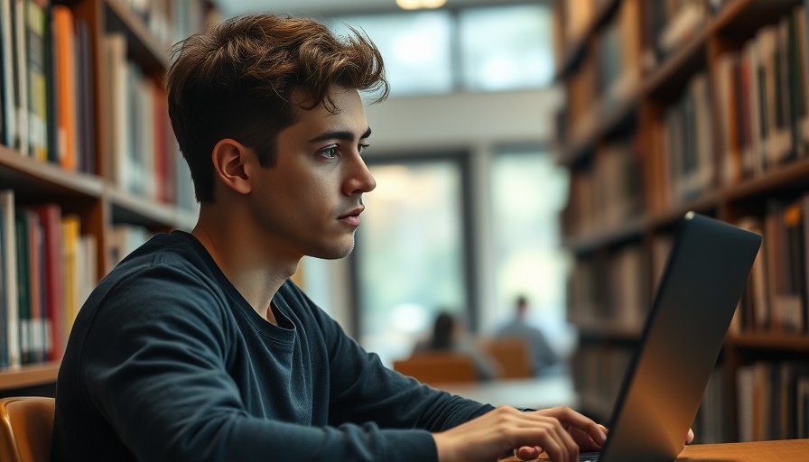 Young man using laptop in library, exploring AI writing tools.