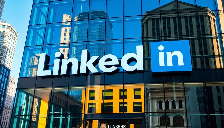 LinkedIn logo on glass facade reflecting urban skyline, AI tools for job seekers.