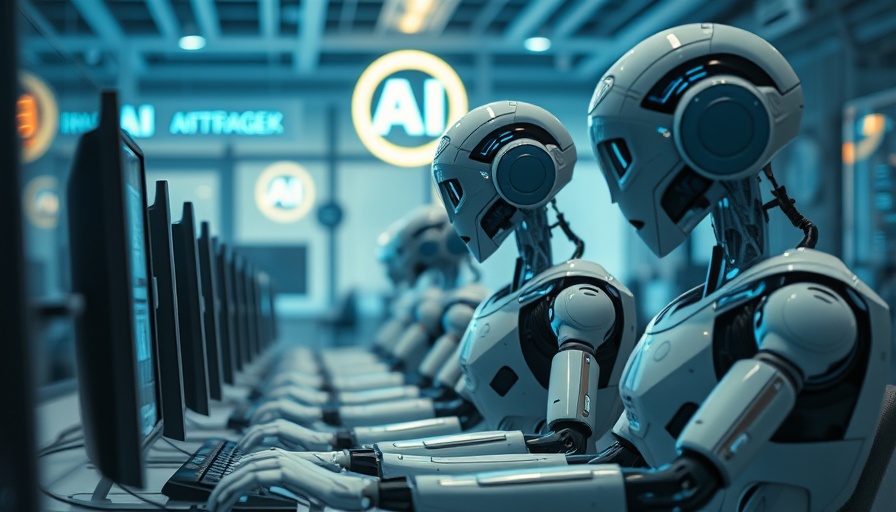 Humanoid robots working in office, highlighting AI job cuts impact.