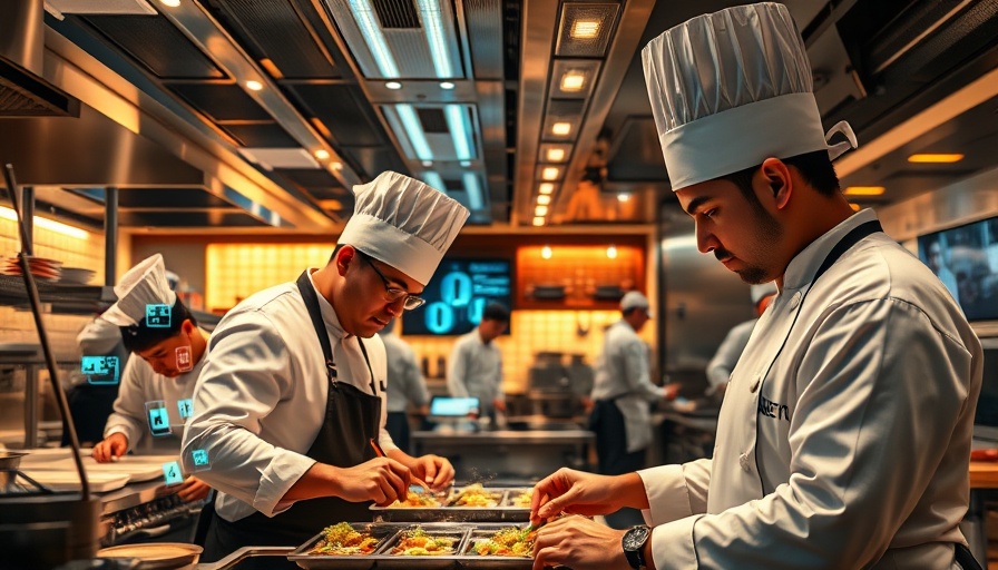Chefs using AI in a futuristic kitchen, illustrating the impact of generative AI on restaurant jobs.