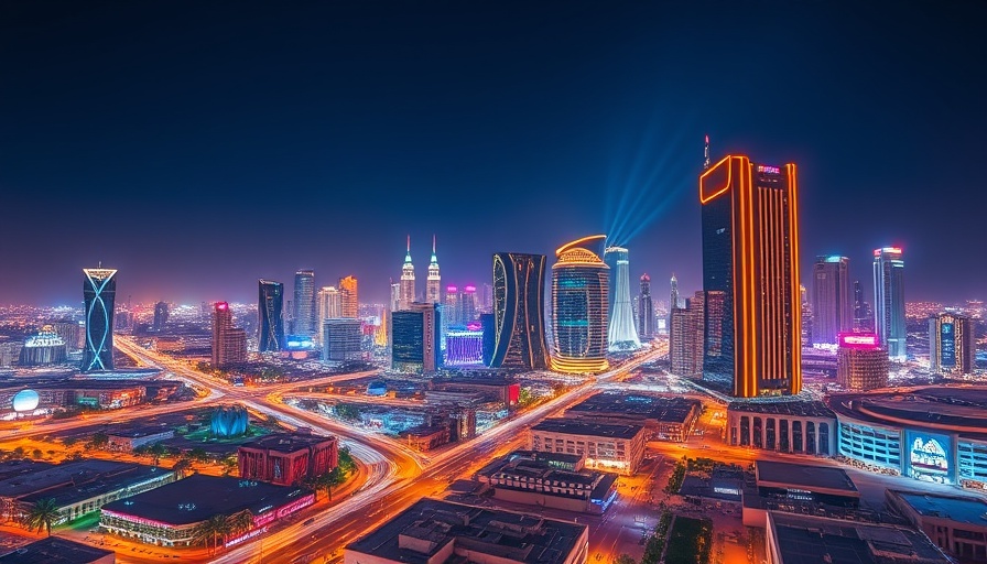 Riyadh cityscape at night with colorful skyscraper lights, Saudi Arabia AI Zone job creation.