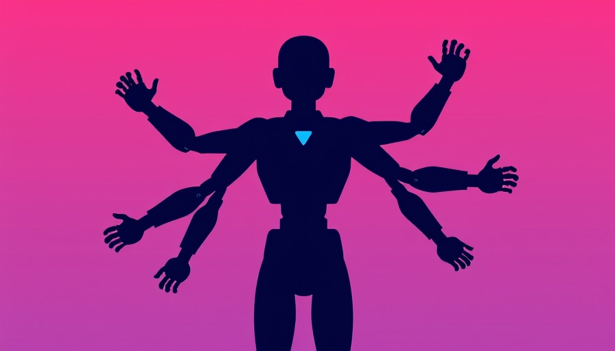 Illustration symbolizing generative AI opportunities with multiple robotic arms, gradient background.