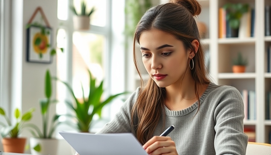 LinkedIn AI job search concept: woman taking notes in home office.
