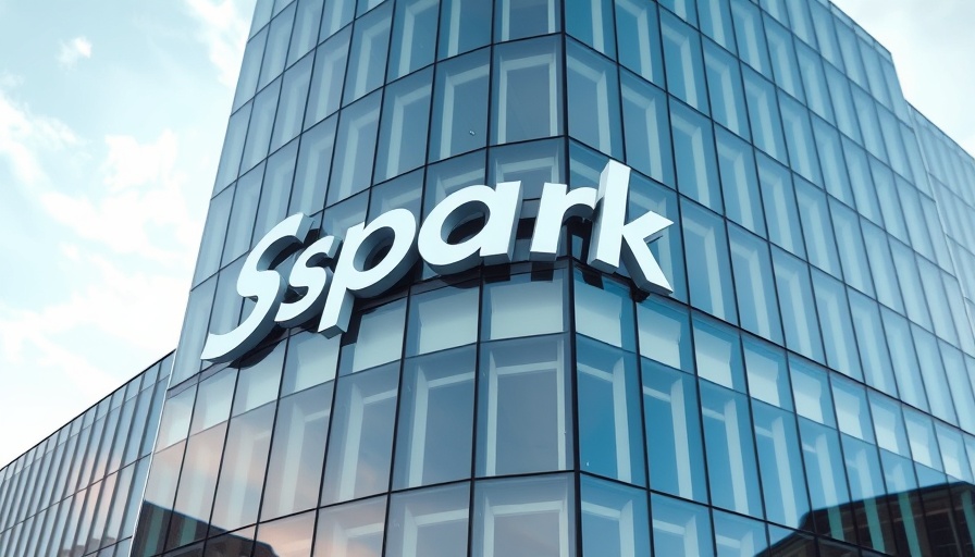Corporate building facade featuring Spark logo under cloudy sky.