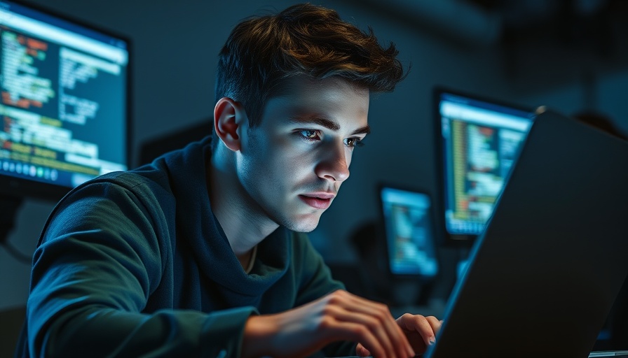 Focused young male analyzing code, with dim lighting and computer screens in a tech environment.