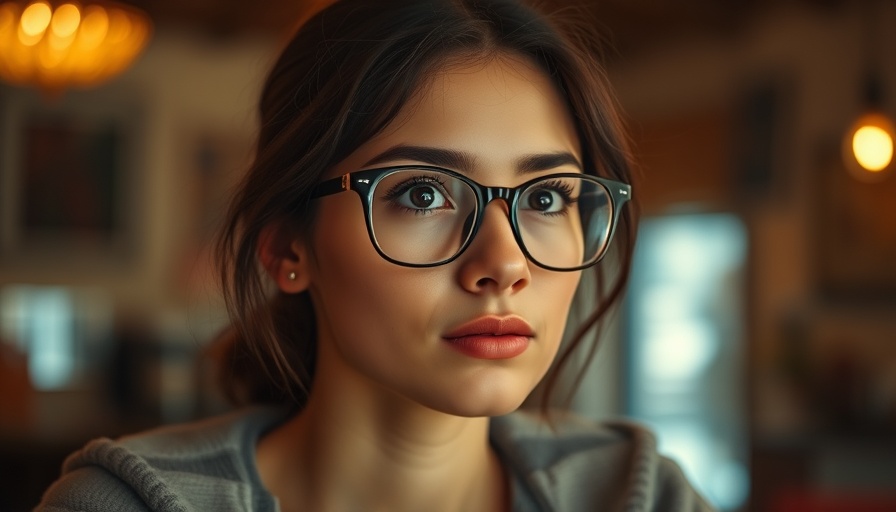 Thoughtful young woman with glasses in a cozy setting, Spot AI-Generated Text.