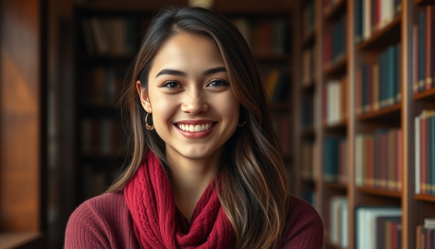 Smiling young woman in library, showcasing confidence, Spotting AI Text