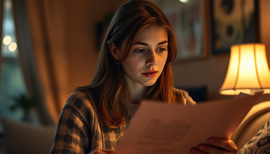 Focused young woman reading document in warm, cozy setting.