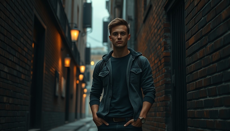 Moody alleyway scene with a young man in casual wear.