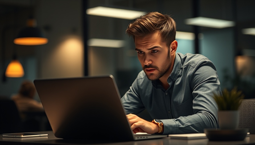 Focused man in dimly lit room examining laptop, spotting AI text.