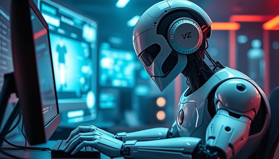 Futuristic robot using AI job application tools on a computer.