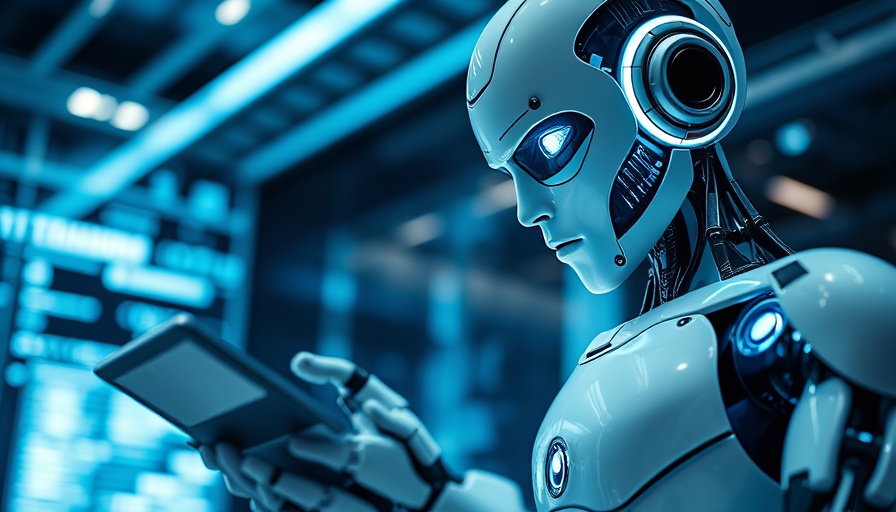 AI examining code on digital tablet in a futuristic setting.