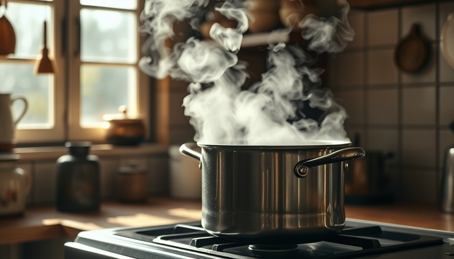 Pot boiling on stove with steam in cozy kitchen, warm sunlight.