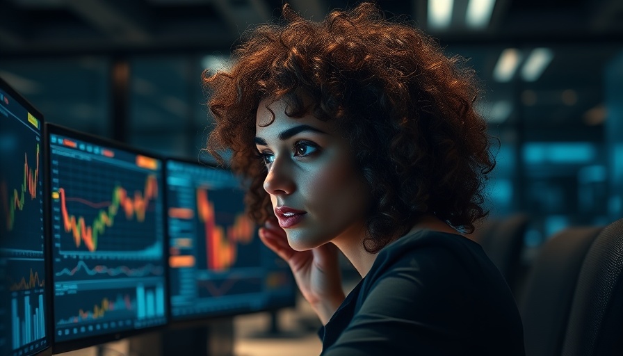 Curly-haired woman analyzing data on screens.