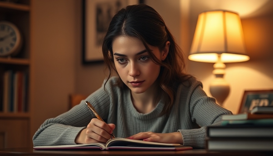 AI-generated content and formal writing: Young woman writing thoughtfully in a cozy room.