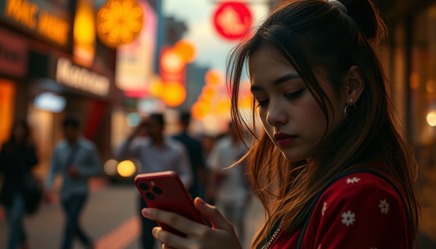 Young woman with sarcastic expression looking at phone on evening street.