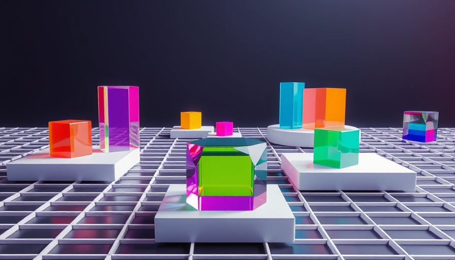 Colorful geometric shapes on a grid showcasing Google AI tools Stitch and Jules.