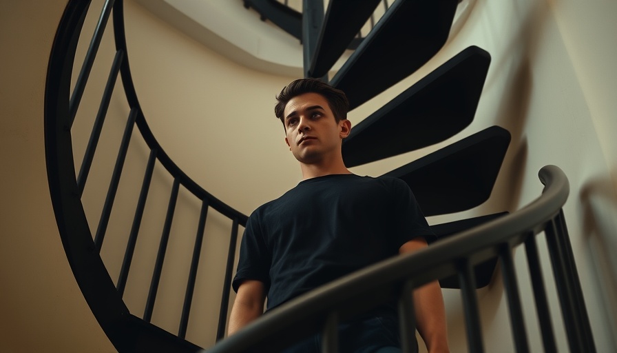 Contemplative young man on a spiral staircase indoors.